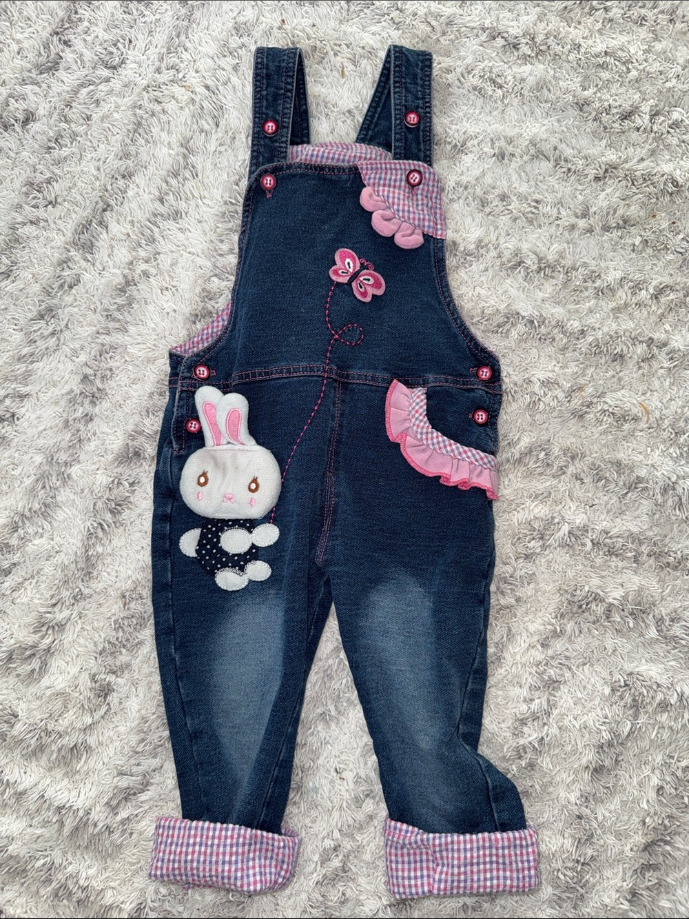 6-9m Kids vintage Pink-Accent Navy Denim Overalls with Bunny Applique